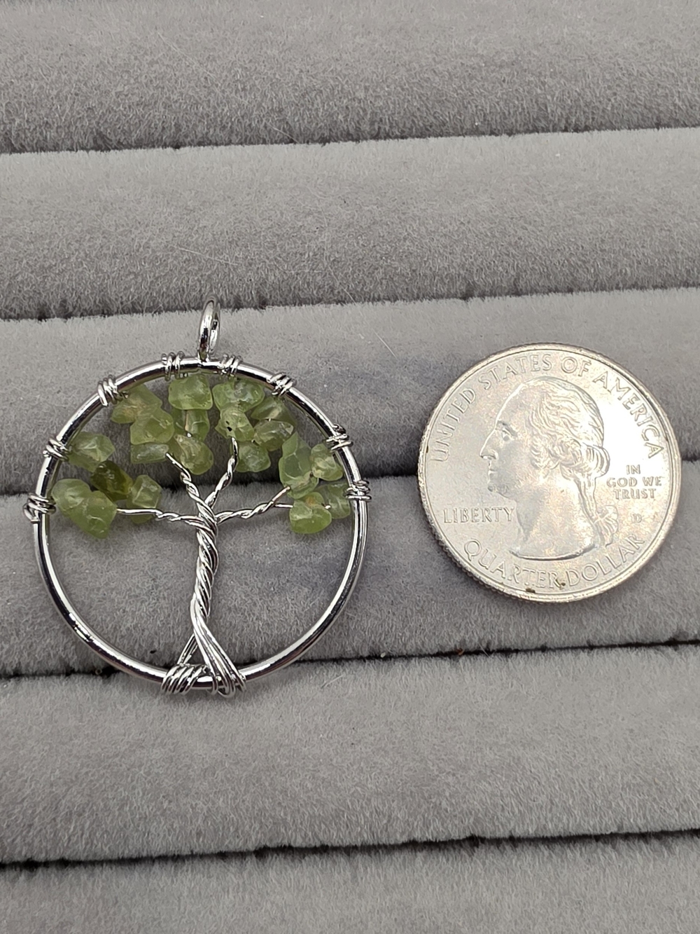 Silver Tree of Life Pendant with Green Peridot Chips
